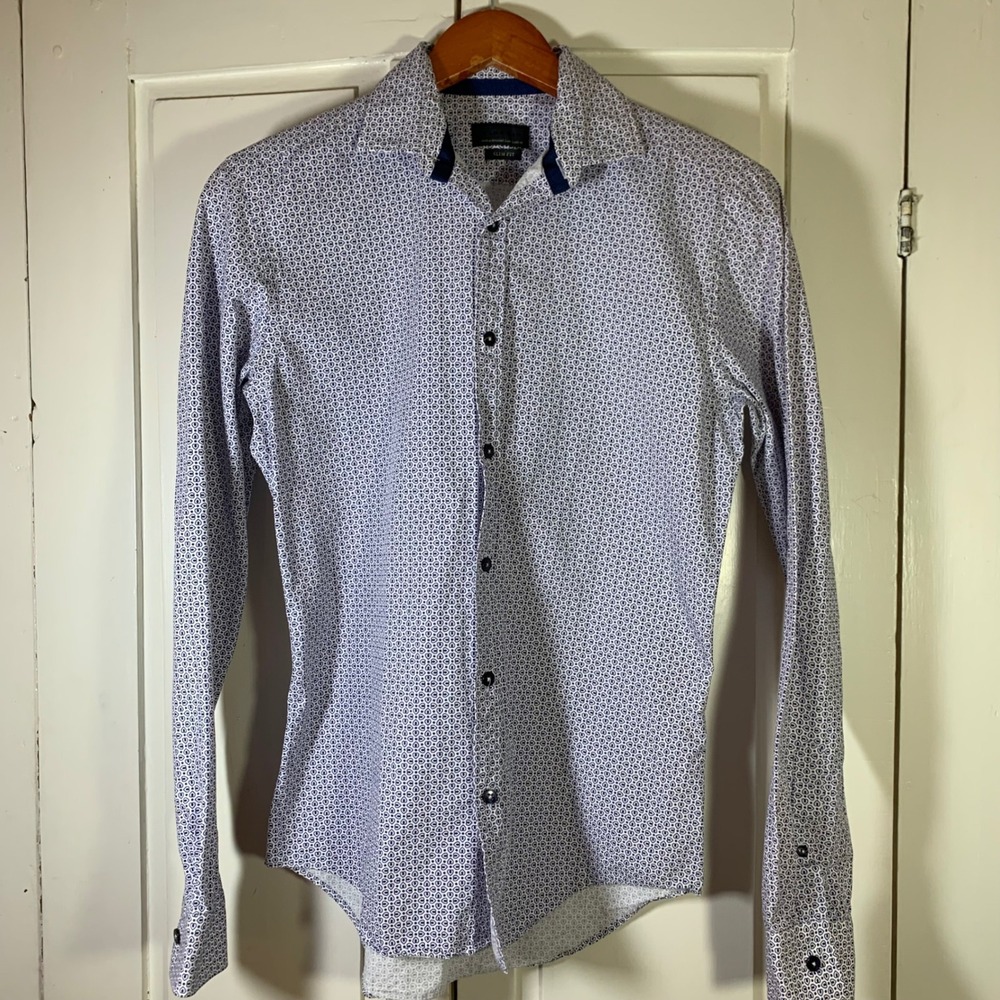 Zara Man Slim Fit Button Down Shirt Purple White Geometric Print Mens Small S